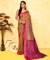 Light Brown Soft Silk Saree with Temple Zari Border