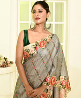 Ashy Floral Tussar Saree with Scalope Border