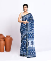 Indigo Pure Dabu Floral Buta Handblock Printed Sico Chanderi Saree