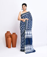 Indigo Pure Dabu Twin Flower Handblock Printed Sico Chanderi Saree