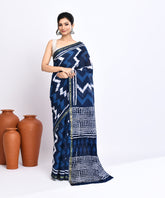 Indigo Pure Dabu Zigzag Pattern Handblock Printed Sico Chanderi Saree