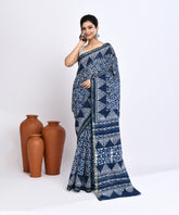 Indigo Pure Dabu Floral Motif Handblock Printed Sico Chanderi Saree