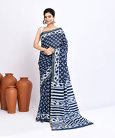 Indigo Pure Dabu Floral Handblock Printed Sico Chanderi Saree