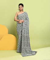 Grey Pure Natural Vegetable Dye Bagru Handblock Printed Premium Cotton Saree