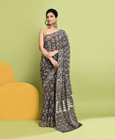Charcoal Grey Pure Natural Vegetable Dye Bagru Handblock Printed Premium Cotton Saree