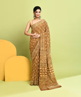 Brown Pure Natural Vegetable Dye Bagru Handblock Printed Premium Cotton Saree