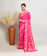 Hot Pink Pure Light and Breezy Dabu Discharge Handblock Printed Premium Cotton Saree