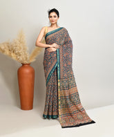 Blue Geometric Pure Ajrakh Handblock Printed Sico Chanderi Saree