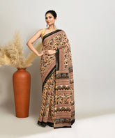 Cream-Black Pure Bagru Kalamkari Printed Sico Chanderi Saree