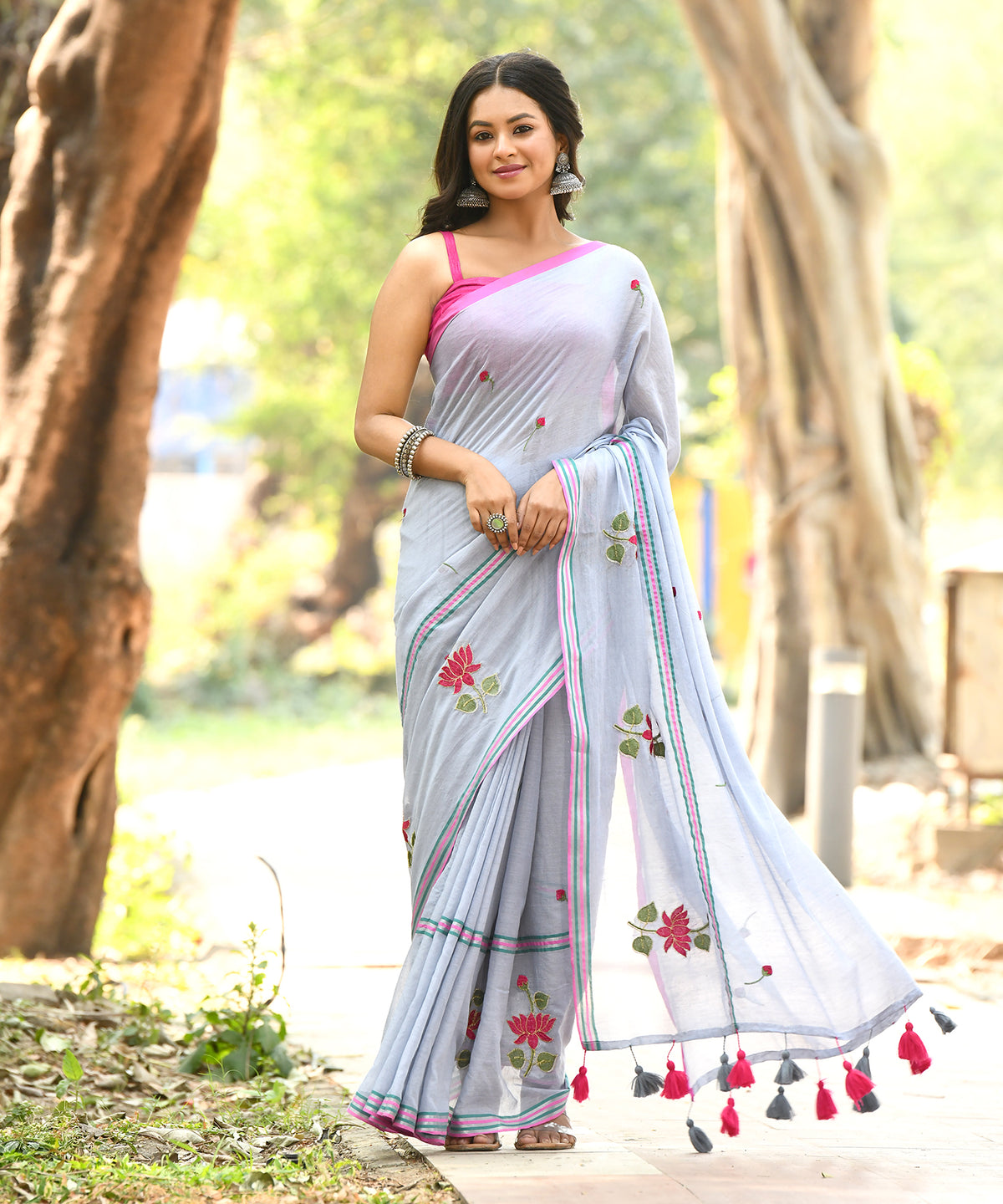 MOONLIT FLORAL -  Mist grey embroidered lotus saree with tassels