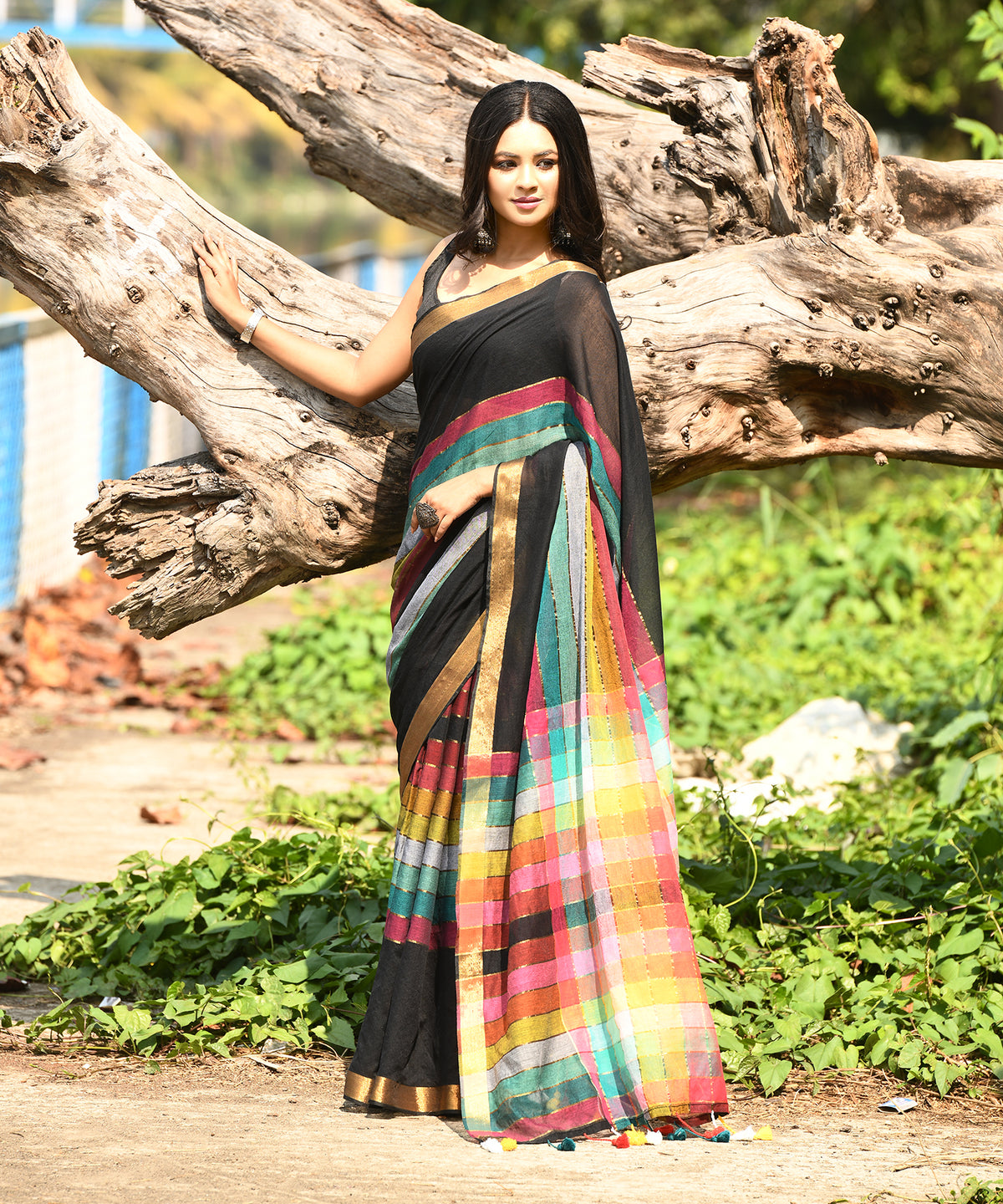 RAINBOW BLACK EDGE - Black saree with multicolour stripes, gold border and soft tassels