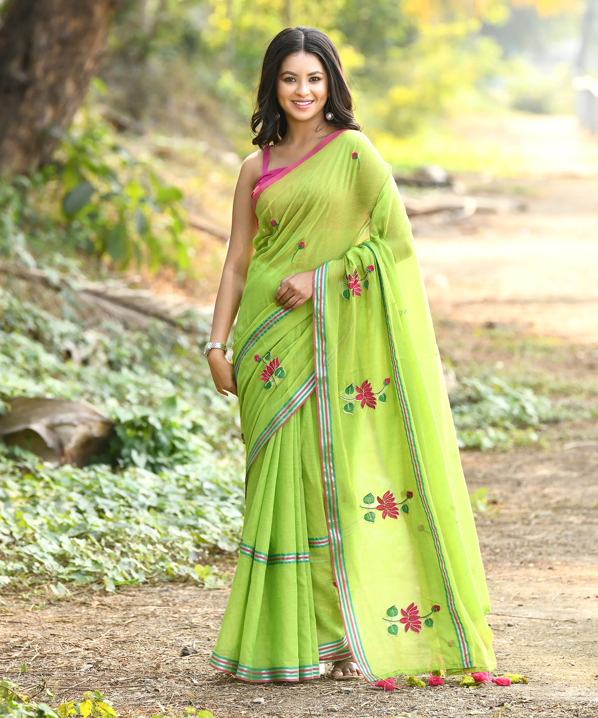 LUSH LOTUS - Lime lusture lotus embroidered saree with tassels